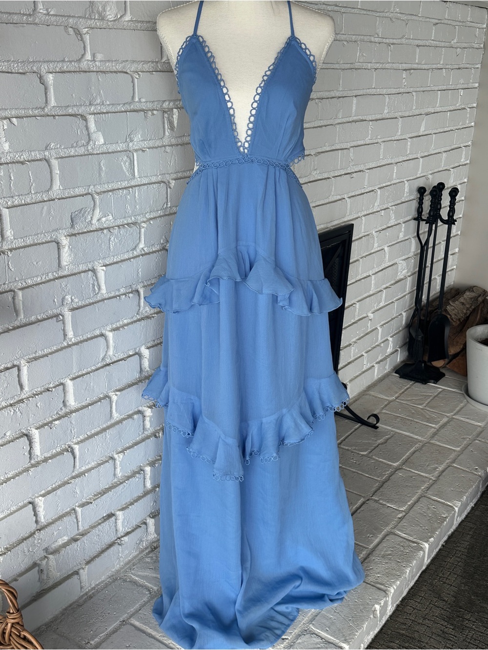 ASOS Design Boho Tiered Ruffle Halter Maxi Dress Eyelet Trim Blue - Size 8